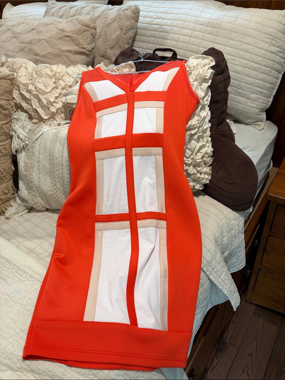 Nikibiki Red and White Paneled Midi Sheath Dress with Beige Accents